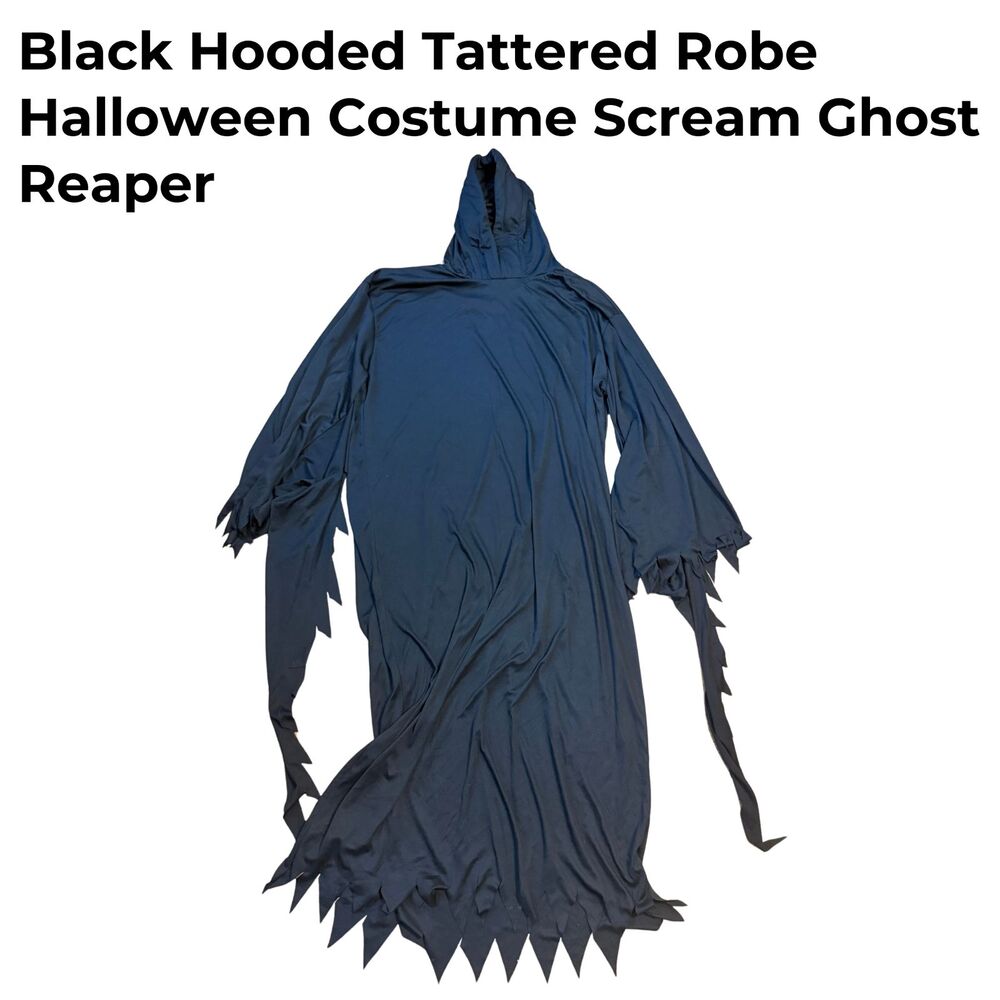 Black Hooded Tattered Robe Halloween Costume Scream Ghost Reaper